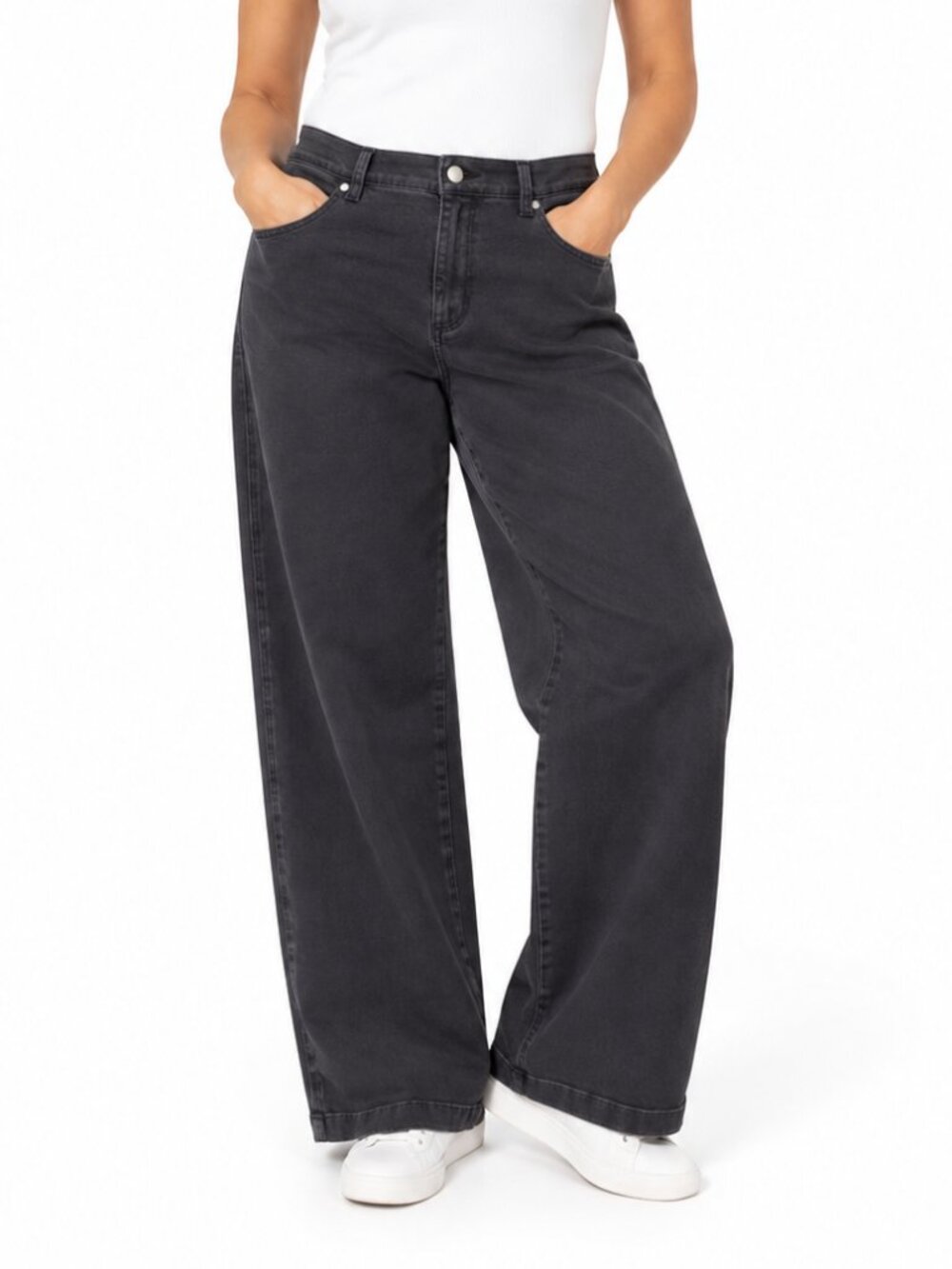 EILEEN FISHER Organic Cotton Stretch Wide Leg 30.5" Jeans Black Large High Rise